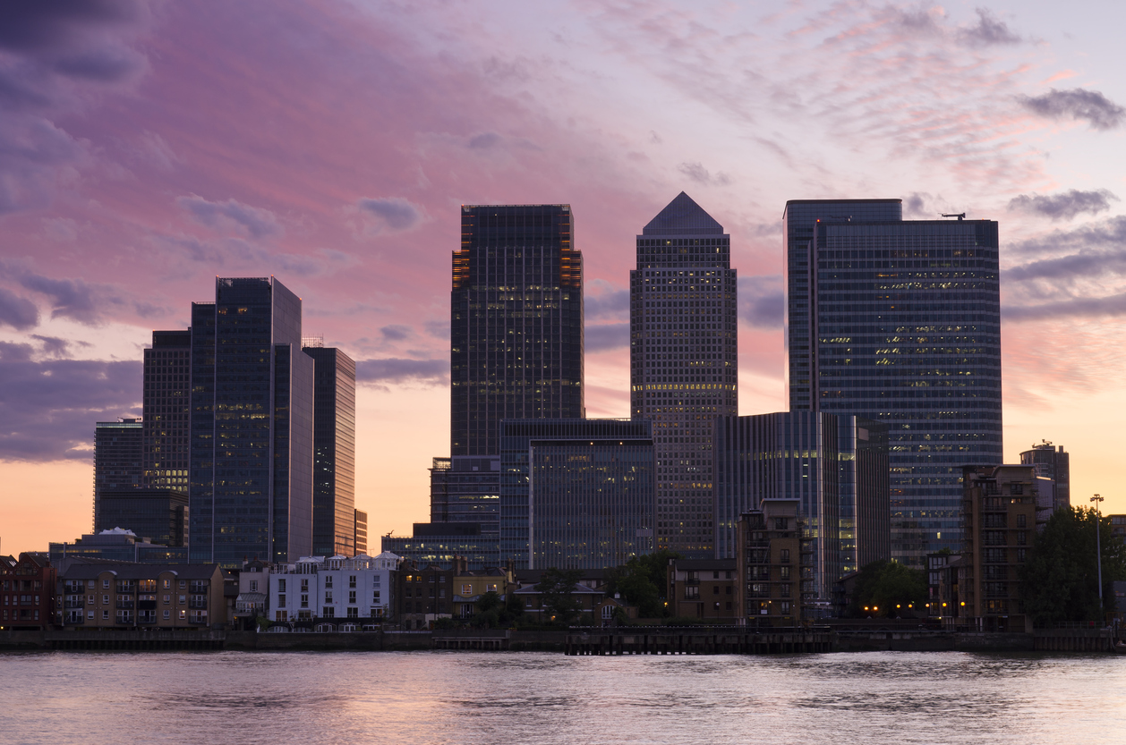 London: Canary Wharf skyline at sunset