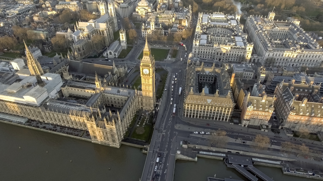 Aerial view of Big Ben and Houses of Parliament