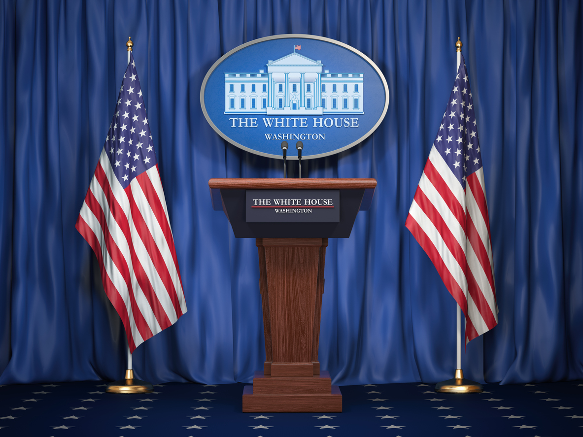 Briefing room podium at the White House