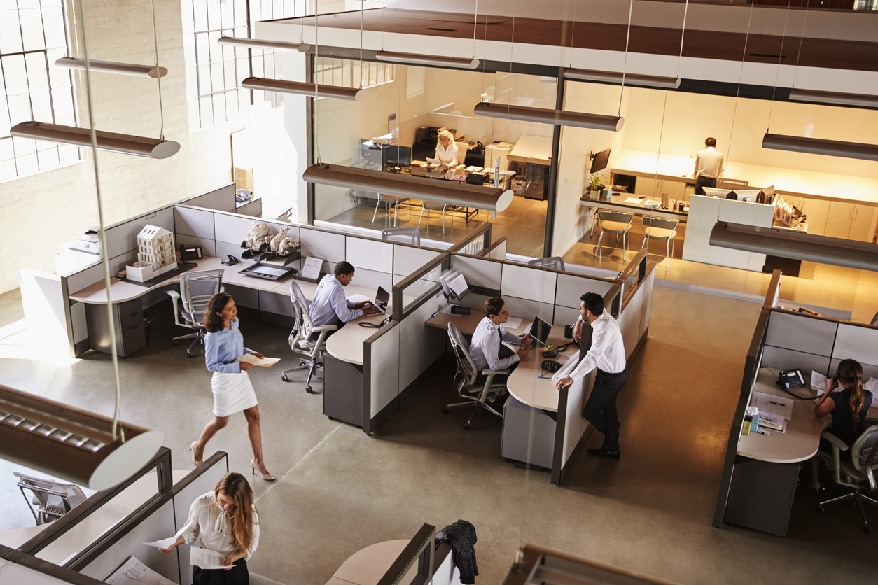 Elevated view of workers in UK office