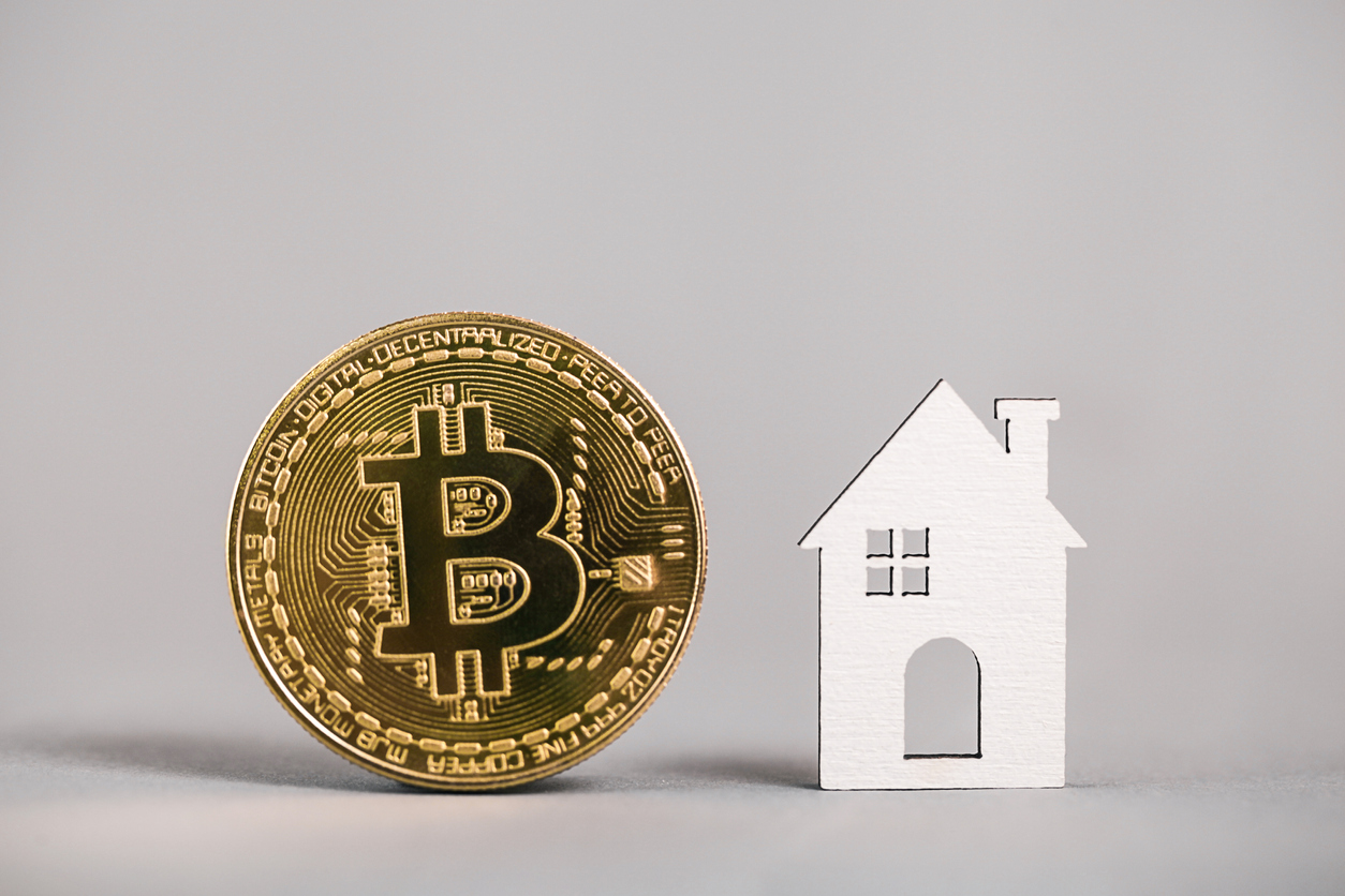 Bitcoin next to house; Bitcoin vs real estate concept