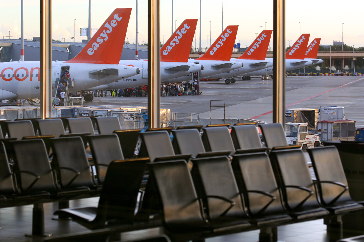 EasyJet Airbus A320 tails at Schiphol airport, Netherlands