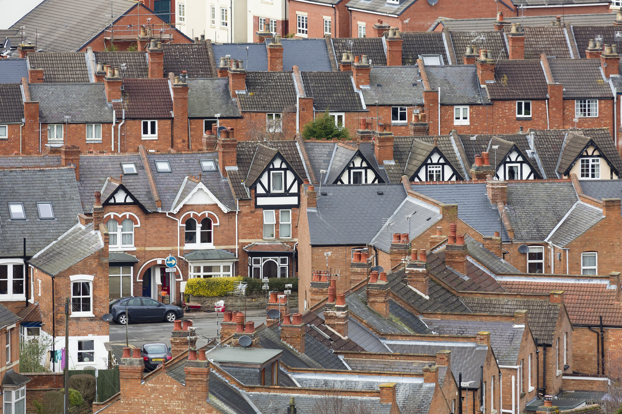 Rows of old suburban terraced houses, UK.