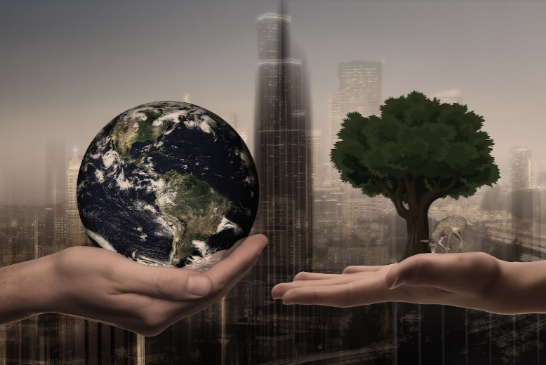 Eco-sustainability concept; Earth and tree in hands