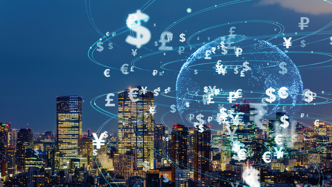 Global currencies floating in skyline; forex concept