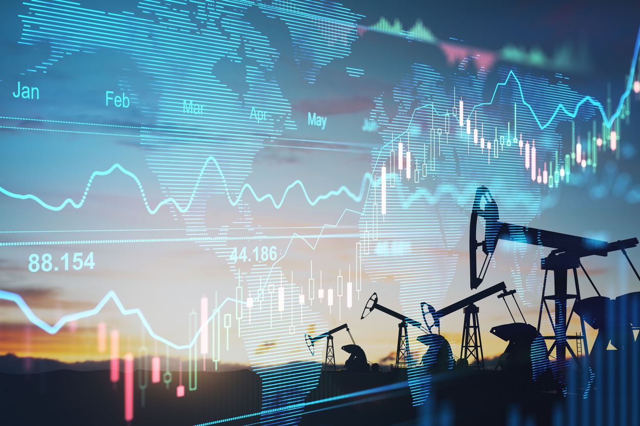 Rise in gasoline prices concept with double exposure of digital screen with financial chart graphs and oil pumps on a field