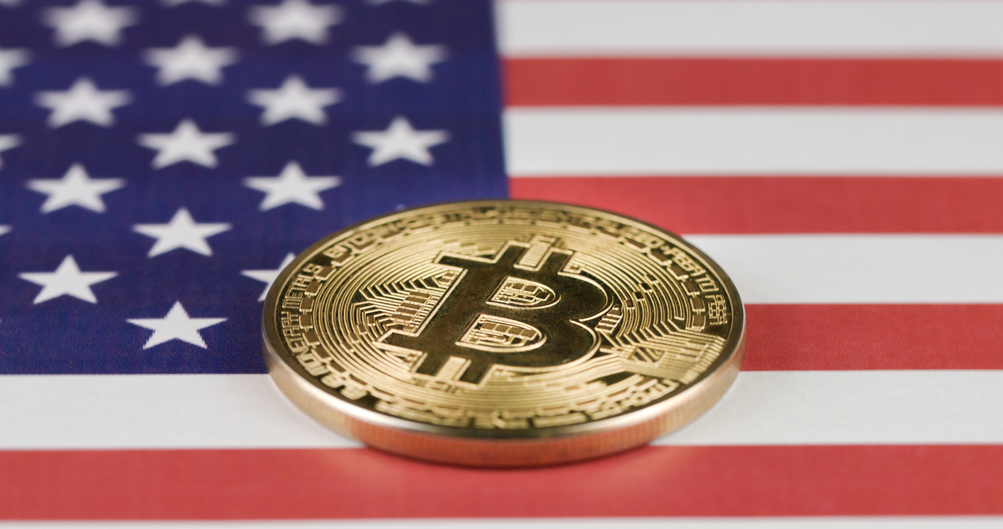 Bitcoin crypto on flag of United States of America