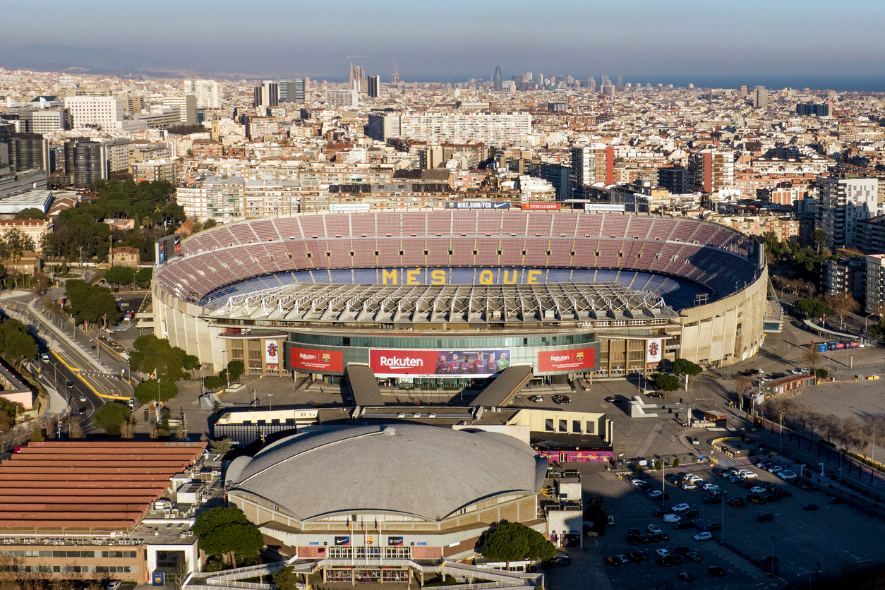 Aerial view of Camp Nou FC Barcelona football Stadium and the city