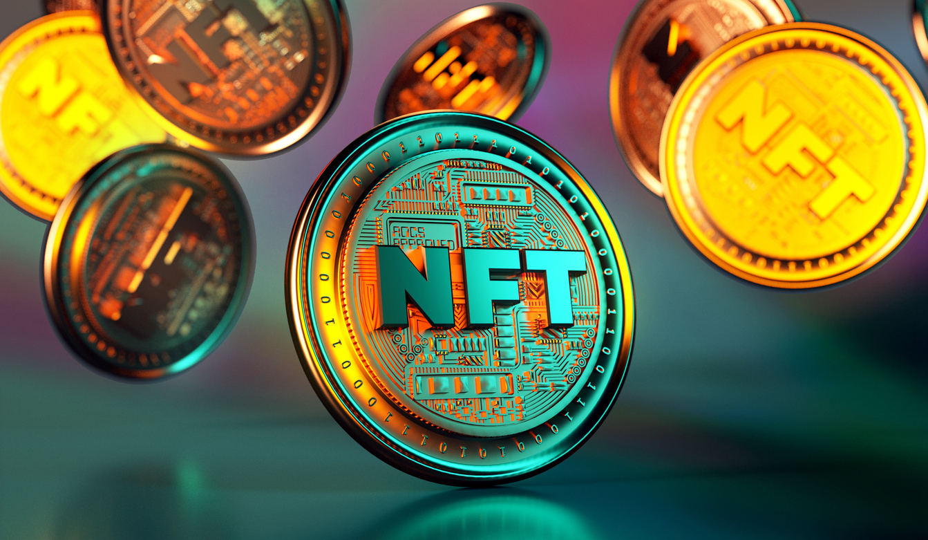 NFT non fungible token golden coins falling.