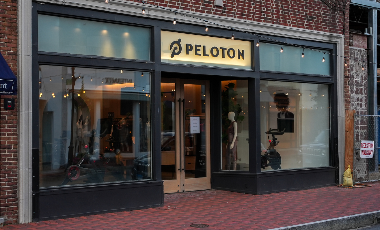 Peloton store entrance view from Main Street in down town area