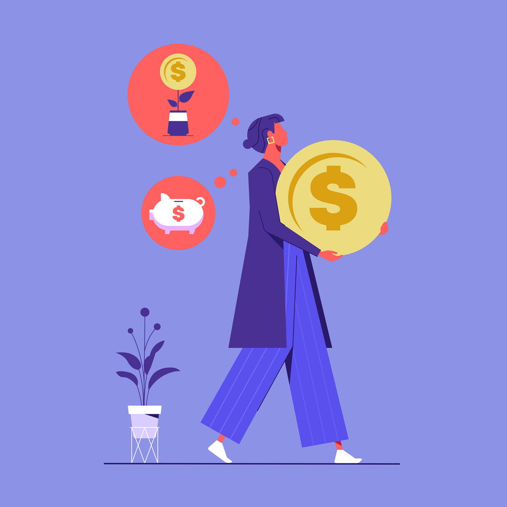 Saving and investing money concept, woman holding a big coin and choose between saving or investment, Future financial planning