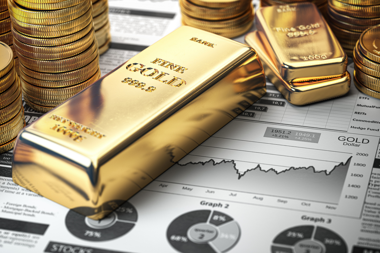 Gold bar, ingots and coins on financial report. Growth of gold on stock market concept. 3d illustration