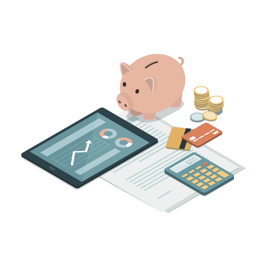 Piggy bank, credit cards, tablet, calculator and money on a financial contract: deposit, funds, savings and investments concept