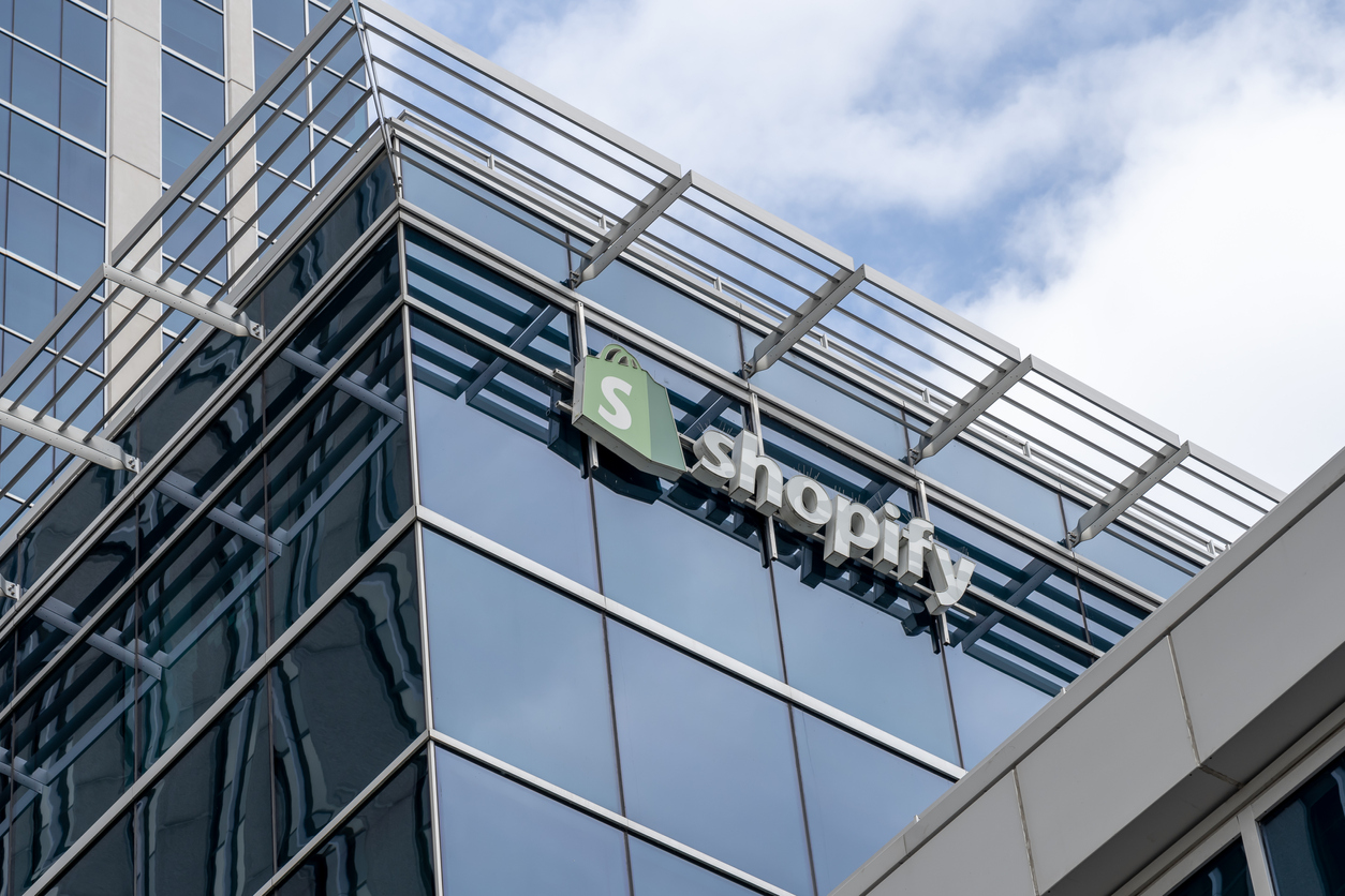 Ottawa, Ontario, Canada - August 9, 2020: Shopify sign on their headquarters building in Ottawa, Ontario, Canada on August 9, 2020. Shopify Inc. is a Canadian multinational e-commerce company.