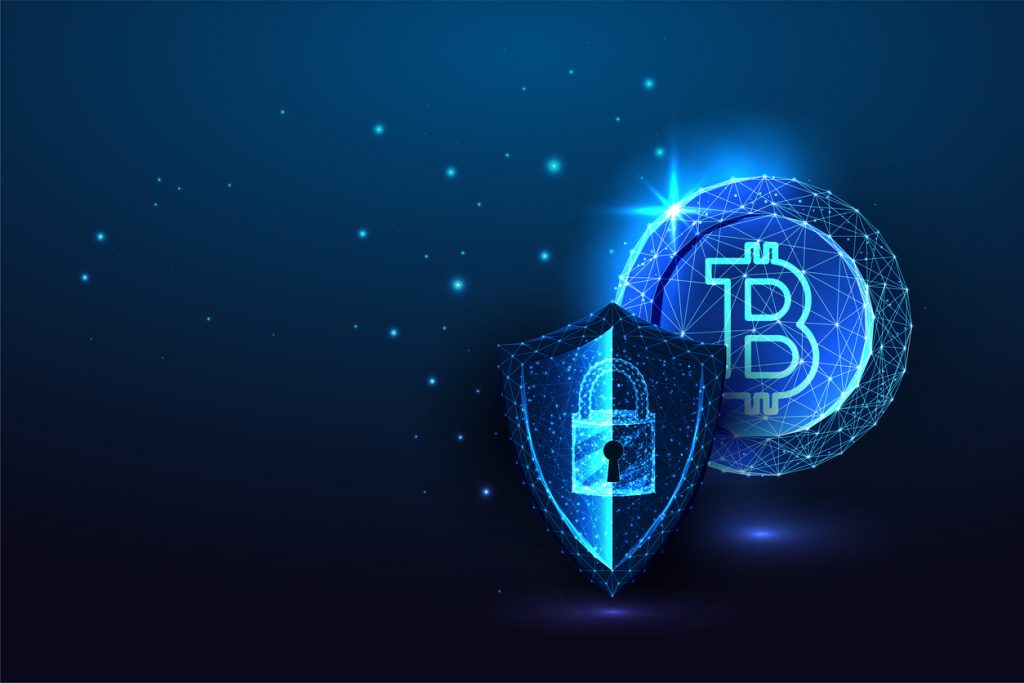 Concept of cryptocurrency data protection with bitcoin coin and protective shield with access padlock in futuristic glowing low polygonal style on blue background. Abstract design vector illustration