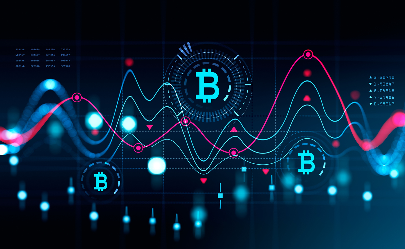 Cryptocurrency hologram with data and graphs, bitcoin icon. Candlesticks and numbers with rising and falling dynamics. Concept of internet banking. 3D rendering