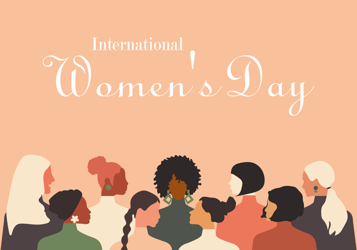 greeting card with international women's day. different nationalities of women stand together. delicate pink coral background. modern vector graphics.