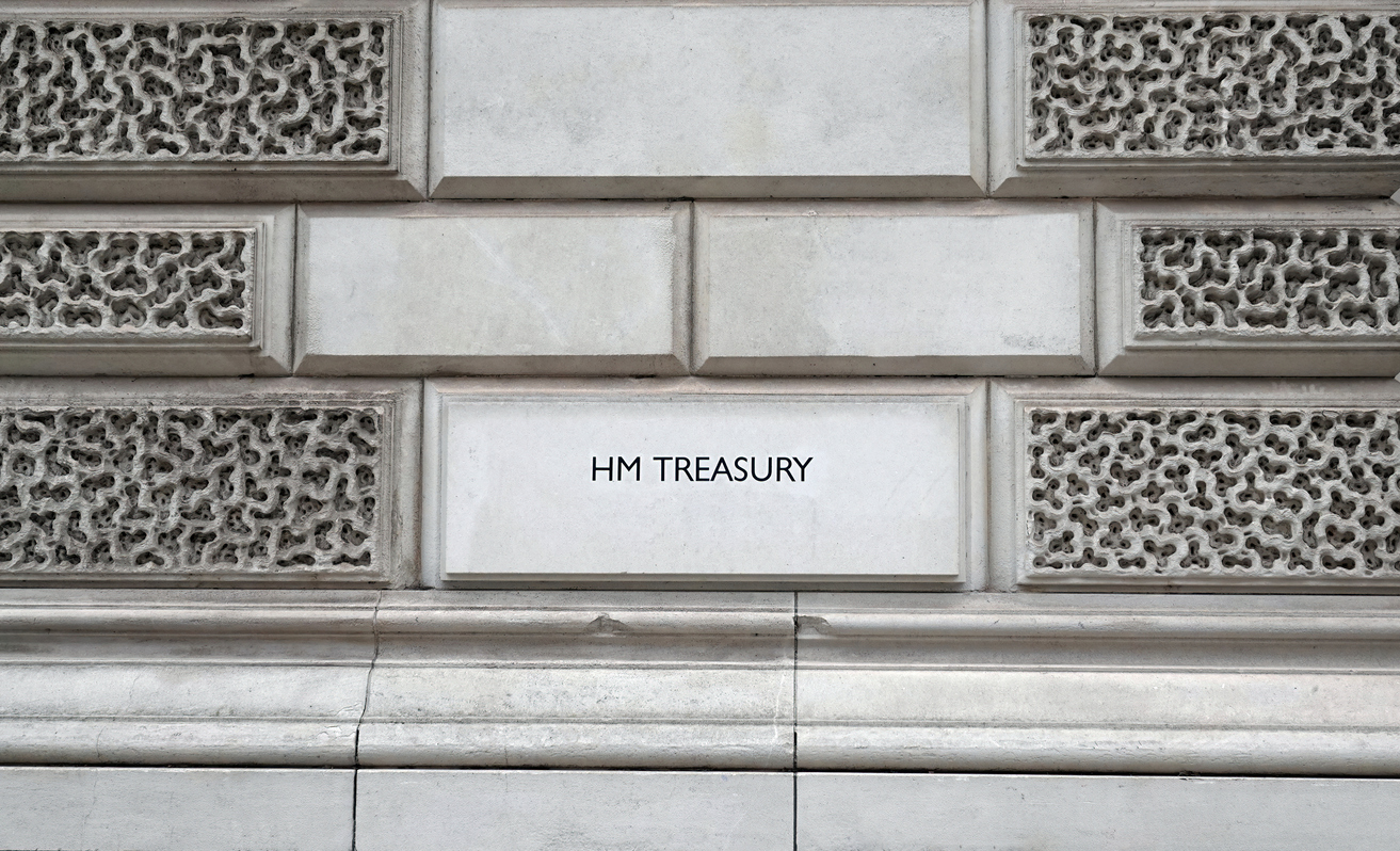 hm treasury sign on the wall, westminster, london, england.