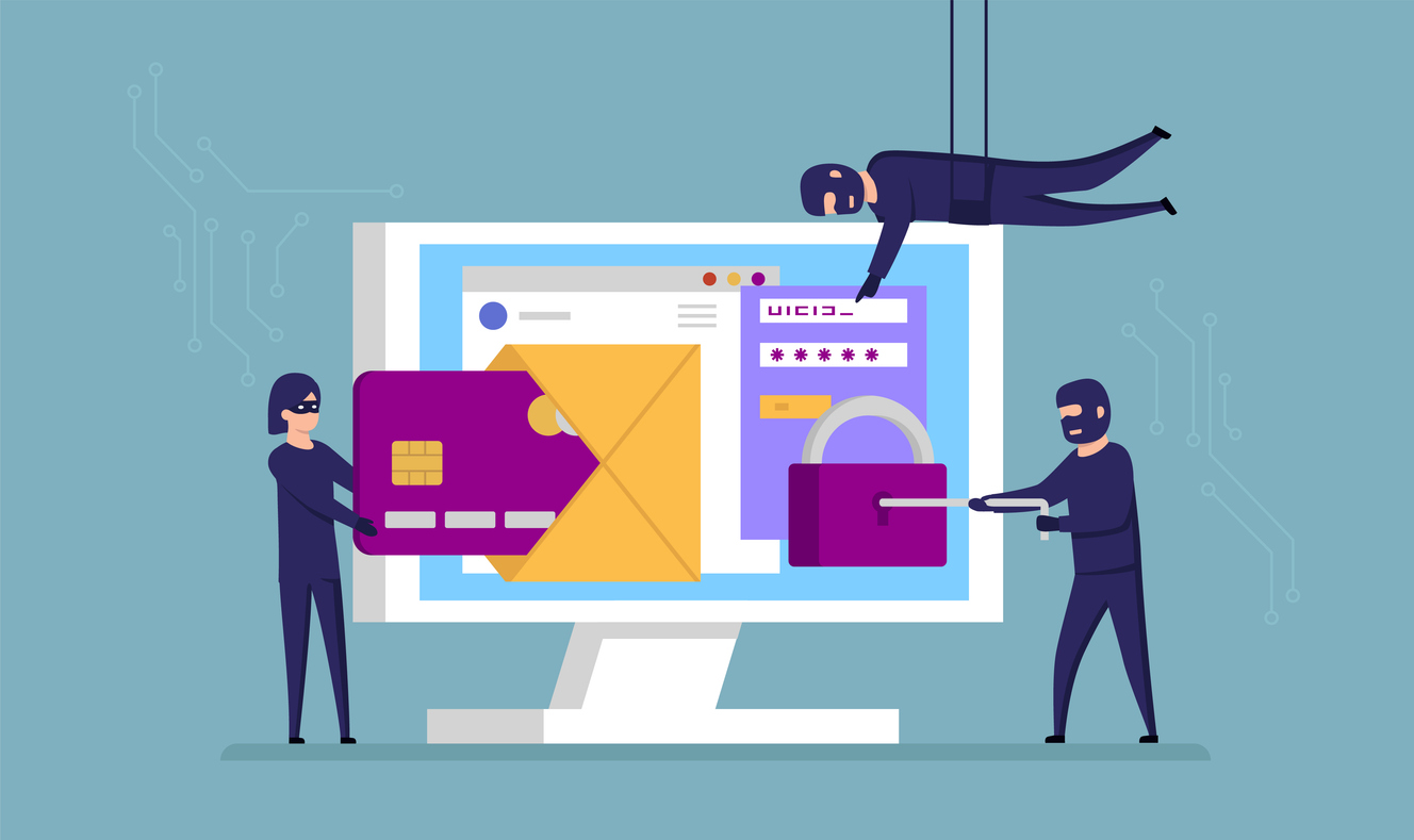 fraud and scammers concept. cartoon scammers in masks use all kinds of sneaky approaches to steal your personal details to use your credit card or open a bank account. flat style vector illustration