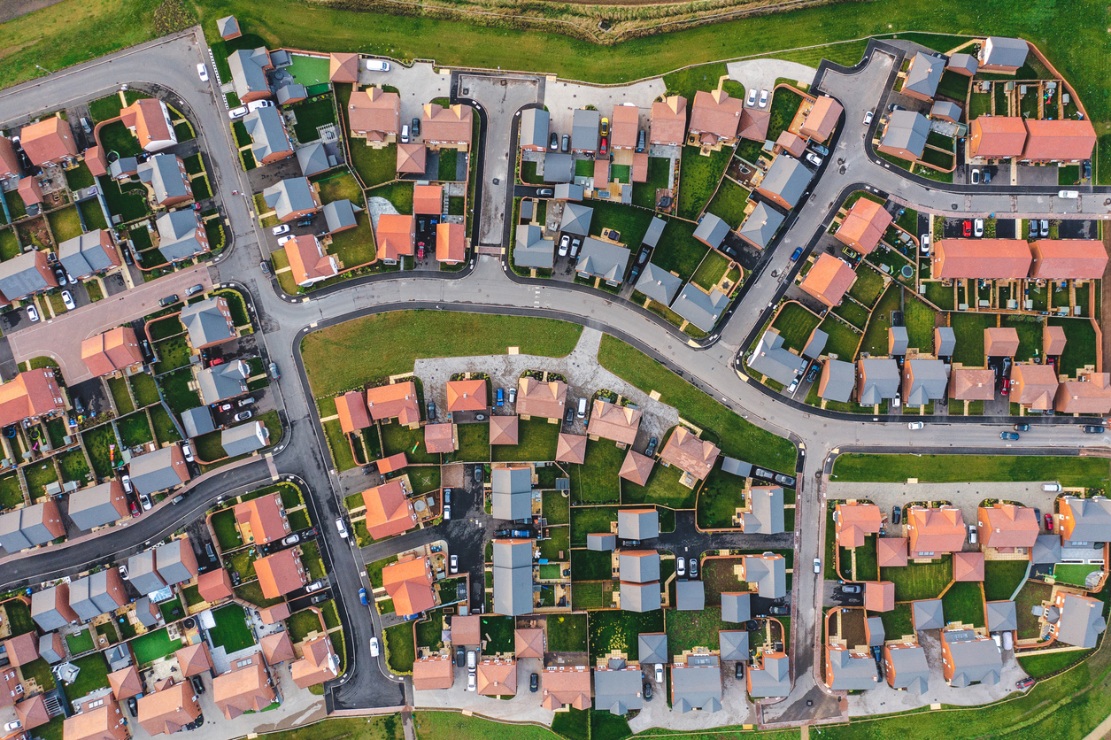 aerial top down view of housing development