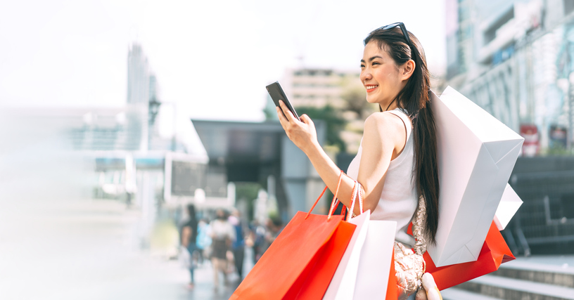 asian woman happy smile face standing at outdoor with shopping bags people city lifestyles