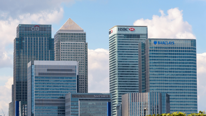 view of canary wharf skyscrapers in london