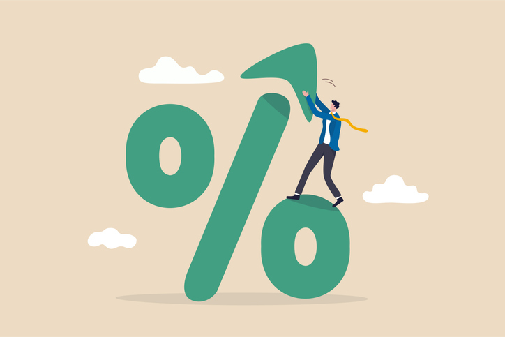 interest rate, tax or vat increase, loan and mortgage rate upward trend, investment profit or dividend rising up concept, businessman banker, fed or government put upward arrow on percentage symbol.