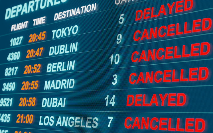 airport flight table. cancelled flights to dublin, berlin, madrid or dubai.