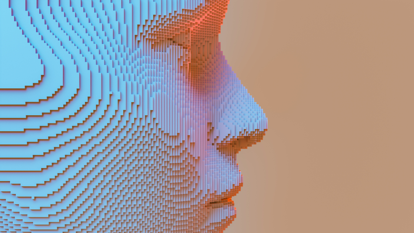 concept image of an ai wearing a digitized human face. 3d rendering