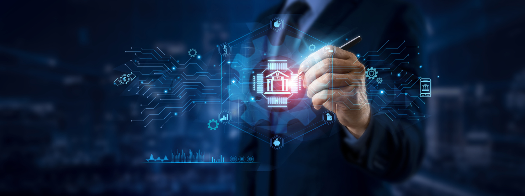 banking concept. businessman pointing to banking icon and data for global financial network on graphic interface. digital, transactions, security, technology, investments.