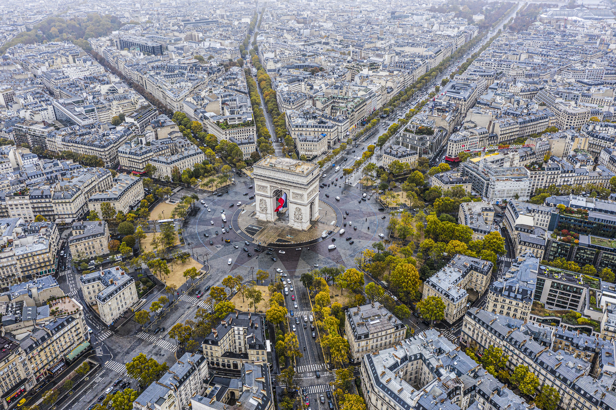 arc de triomphe from the sky, paris