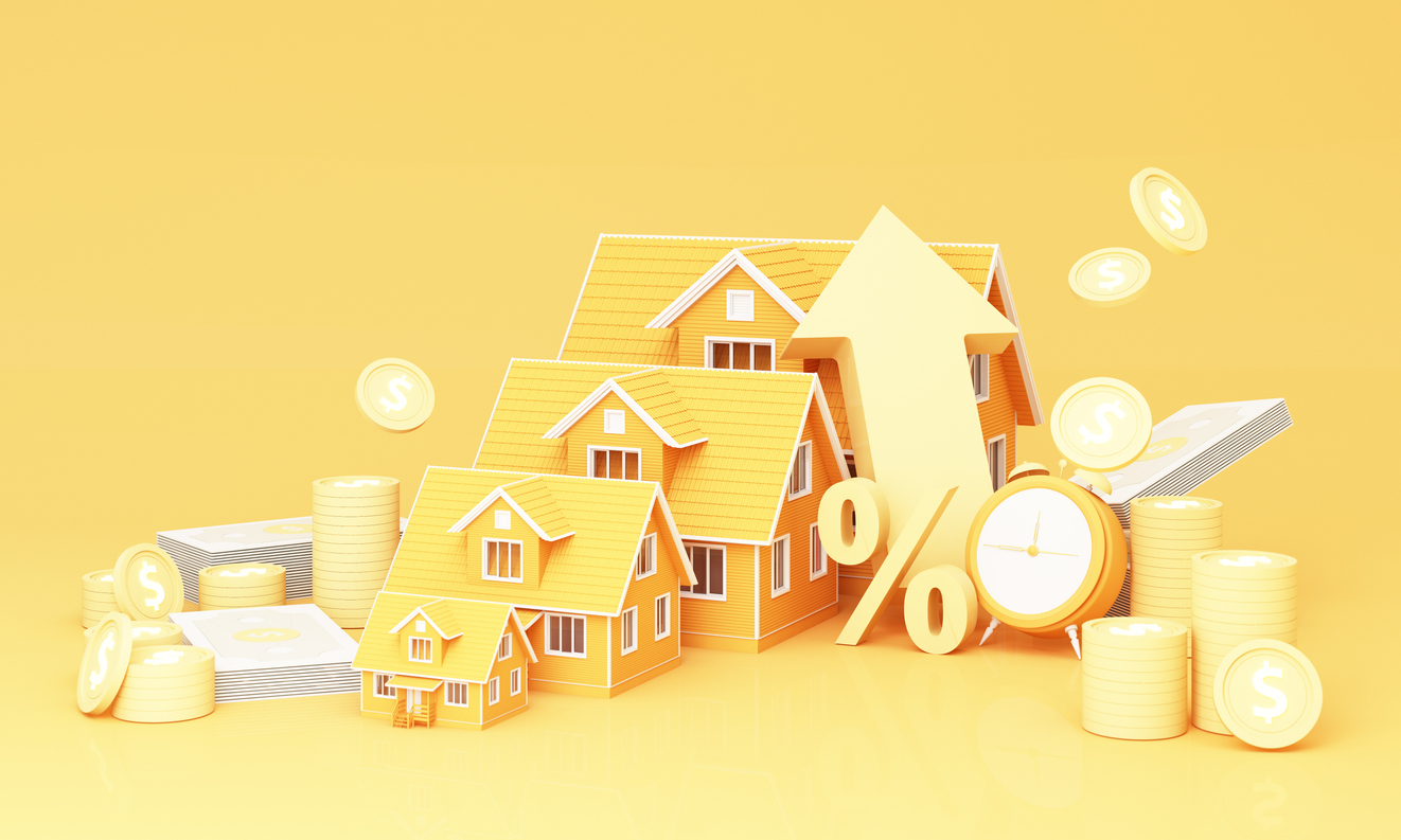 big arrow symbol higher interest rates for home real estate ideas savings on real estate of financial stability and growth and space for entering text on a yellow background, realistic 3d rendering.