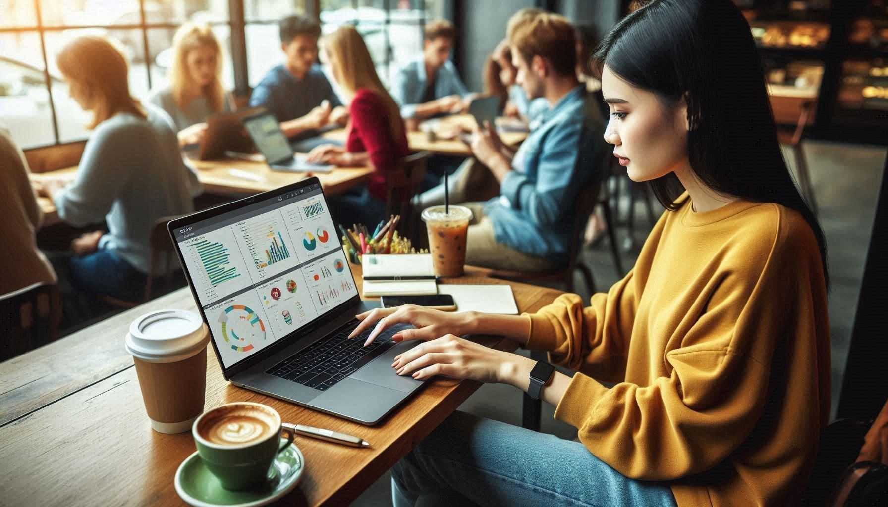 A woman reviewing financial forecasting on her laptop.