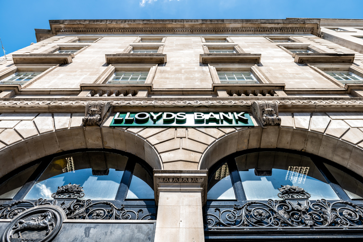 low angle, looking up view on lloyds bank sign, branch, office in city