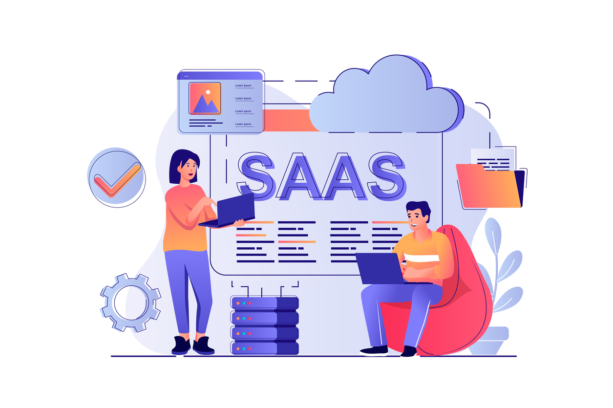 saas concept with people scene. woman and man uses software as service, online subscription to programs, data center and cloud technology. vector illustration with characters in flat design for web