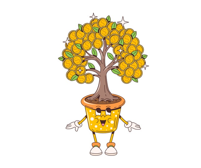 cartoon retro groovy money tree with golden coins