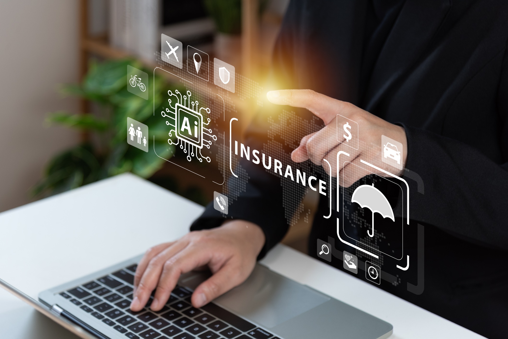 businessman using laptop with ai tech auto insurance service concept, travel insurance data management, fast solve problem, service, digital transformation, protection, digital application.