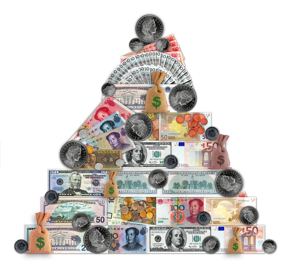 money,pyramid,contain,different,currencies.,banknotes,and,coins.