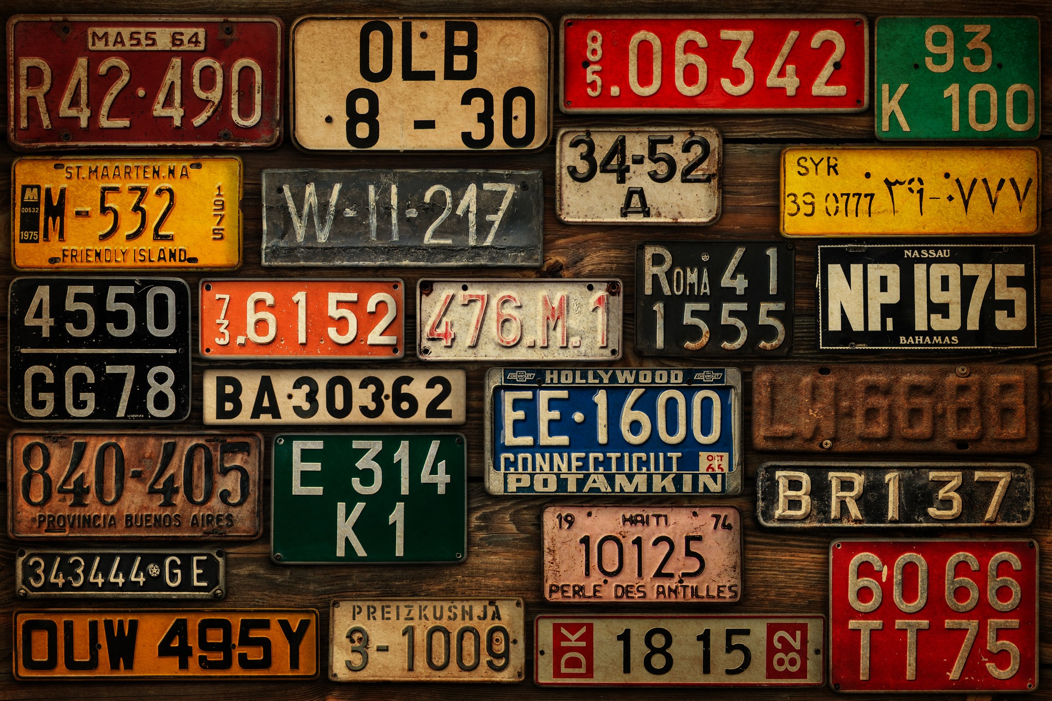 licence plates on wooden wall