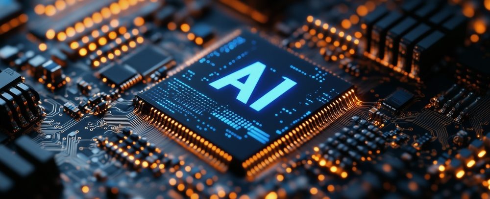 ai,logo,on,a,chip,,with,blue,light,glowing,against