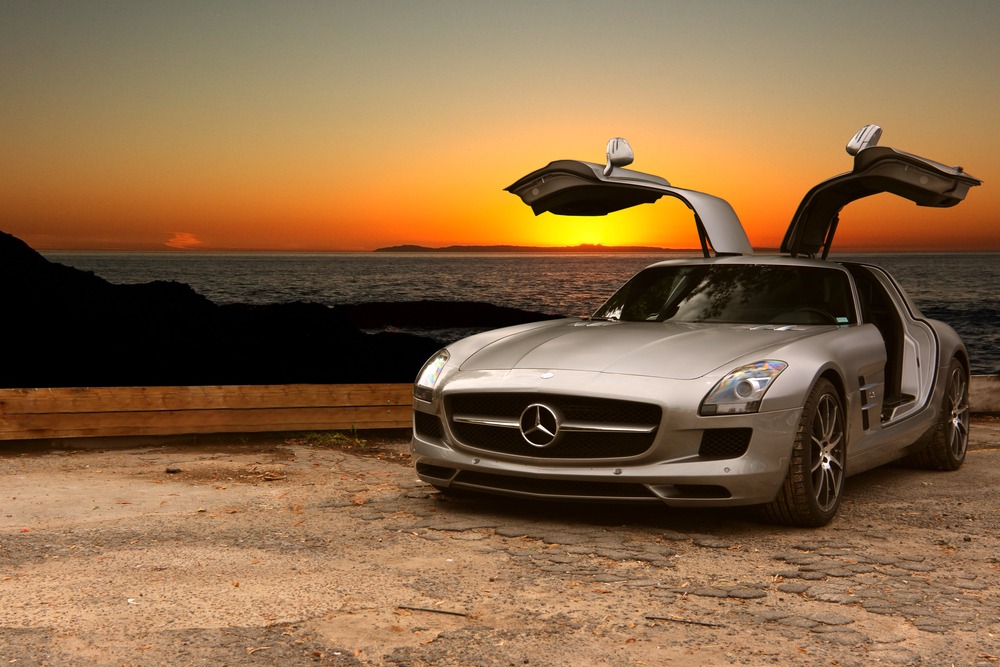 california,,year,2017:,front,view,of,a,silver,mercedes benz,sls