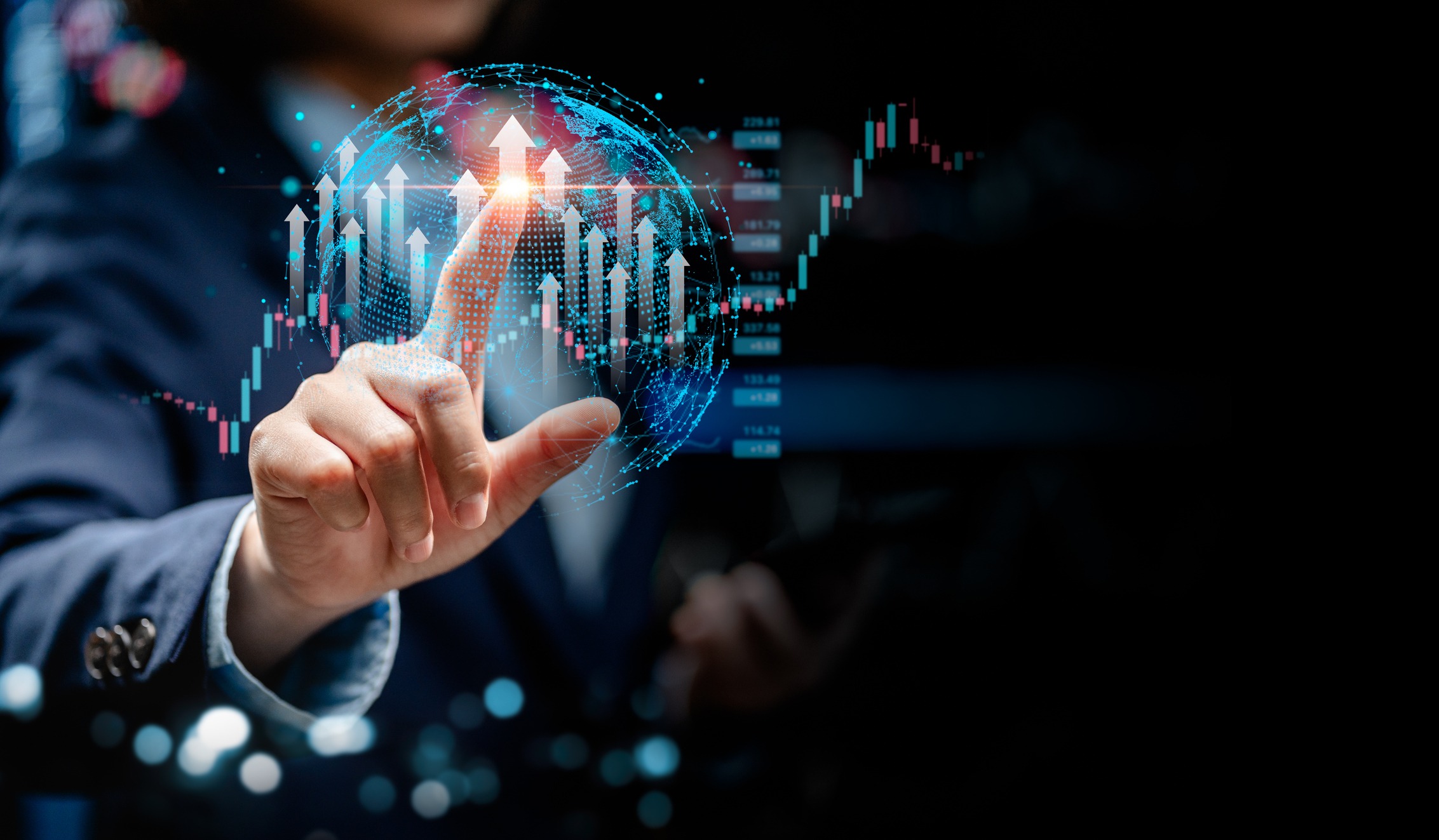 businesswomen point to virtual screens of graph stock market changes in the global interface, uptrends, growth economic, business strategy development, and find opportunities for investment.